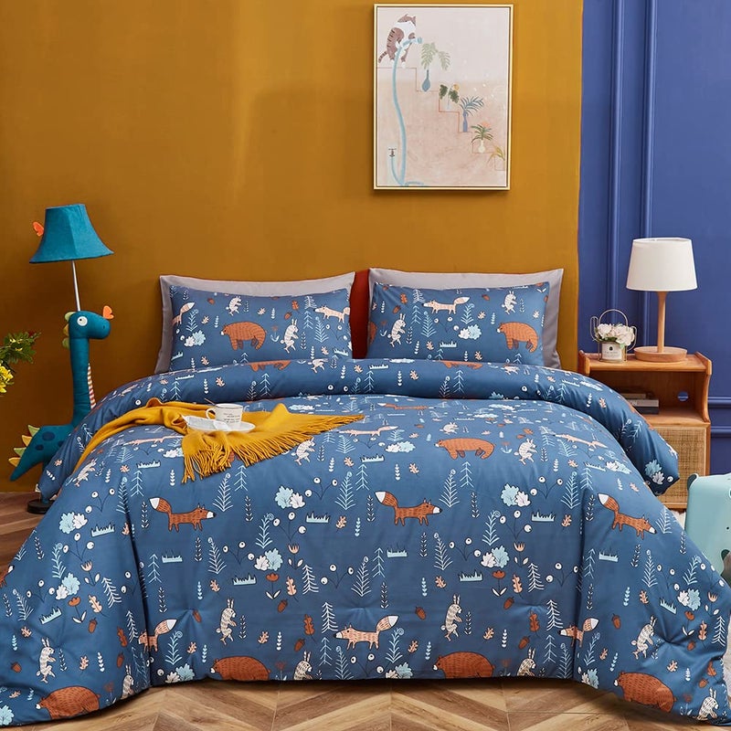 CLOTHKNOW Kids Twin Duvet Cover Sets 3Pcs Blue Animal Bedding Sets Cartoon Woodland Theme Bedding Duvet Cover Sets with 2 x Pillow Cases - Image 1